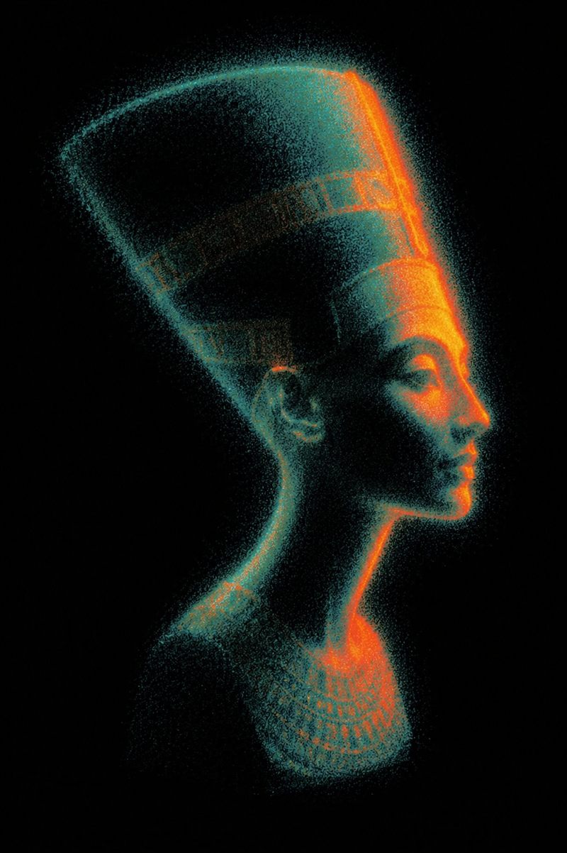 Bust of Nefertiti rendered in glowing teal and orange particles